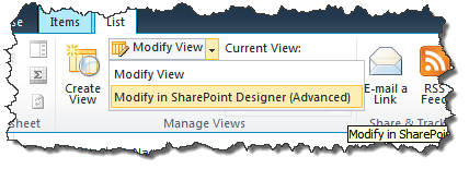 Choose to modify view in SharePoint Designer