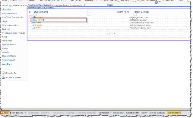 The view in Design mode in SharePoint Designer